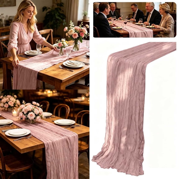 Forestwhale Crinkled Table Runner 35.4" x 70.9" Pink Cheesecloth Cover Lightweight Polyester Cloth for Wedding Dining & Party