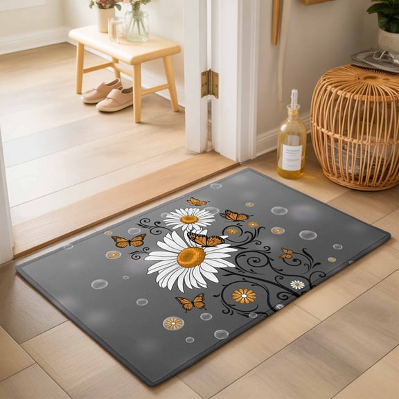 Entryway Rug 2'x3', Daisy Butterfly Kitchen Runner Rugs Non-Slip Carpet Mats, Spring Floral Butterflies Grey Modern Art Bedside Rugs Runners Washable Floor Carpet for Bathroom Laundry Room