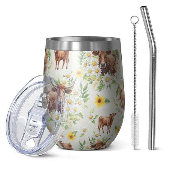 12oz Stemless Wine Tumblers White Highland Cow Daisy Flower Pattern Vacuum Insulated Stainless Steel Travel Tumbler Cups Mug with Lid and Straw for Champaign,Cocktail,Beer with Cleaning Brush