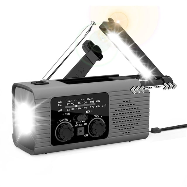 Radio de Emergencia Multifunción con Banda AM/FM, Radio de Manivela, Carga Solar, Iluminación, Radio para Prevención de Desastres, Color Gris.
