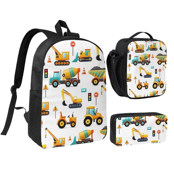 Construction Vehicle Backpack Set 3pc Including Backpack, Lunch Bag and Pen Bag Combination