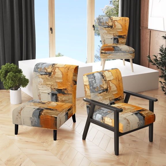 Designart "Gleaming Geometry Gold Grey painting XV" Gold Abstract Collages Upholstered Accent Chair - Modern Arm Chair For Bedroom