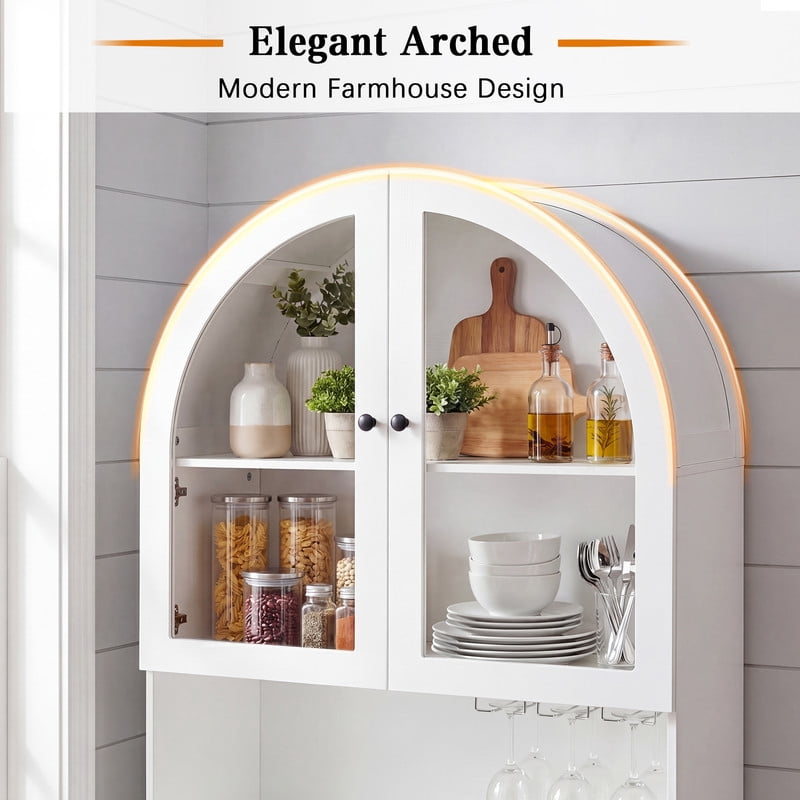 Farmhouse Arched Kitchen Storage Pantry with Charging Station on Open Countertop, Coffee Bar Cabinet with Adjustable Shelf