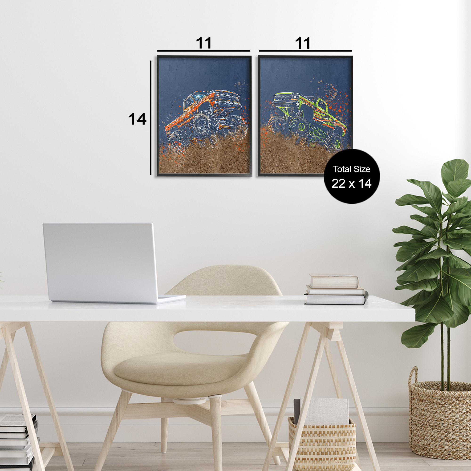 Monster Truck Jam 2 Piece Black Framed Giclee Art Set, design by Kim Allen