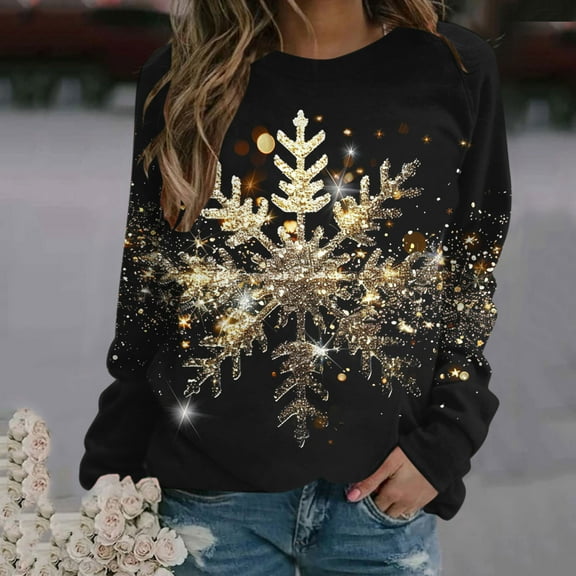 Xqxayjr Womens Christmas Tops Shirts Casual Graphic Long Sleeve Xmas Snowflake Printed Fall Blouses Trendy Round Neck T-Shirts Plus Size Clothing