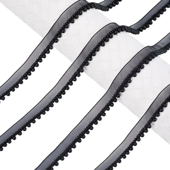 10 Yards Black Ribbon with Pearls Thin Organza Sheer Plastic Pearl Edge Ribbons Bead Tassel Fringe Lace Fabric Trim Bulk for Sewing Making Crafts Gift Wrapping Bouquet Wreaths Home Decor Diy