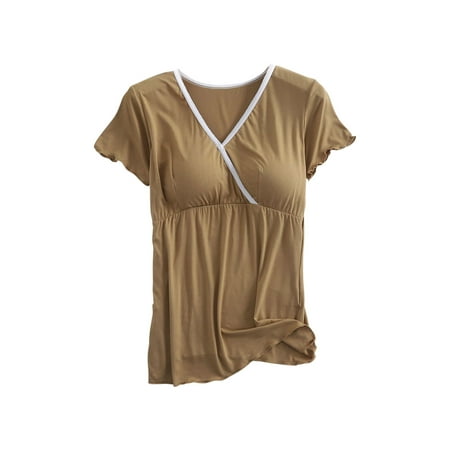 VEKDONE Clearance Maternity Tees for Women Summer Shorts Sleeve Nursing Tops Button Breastfeeding Tshirts with Built in Bra Stretchy Pregnancy Blouse Camisa de Maternidad Yellow M