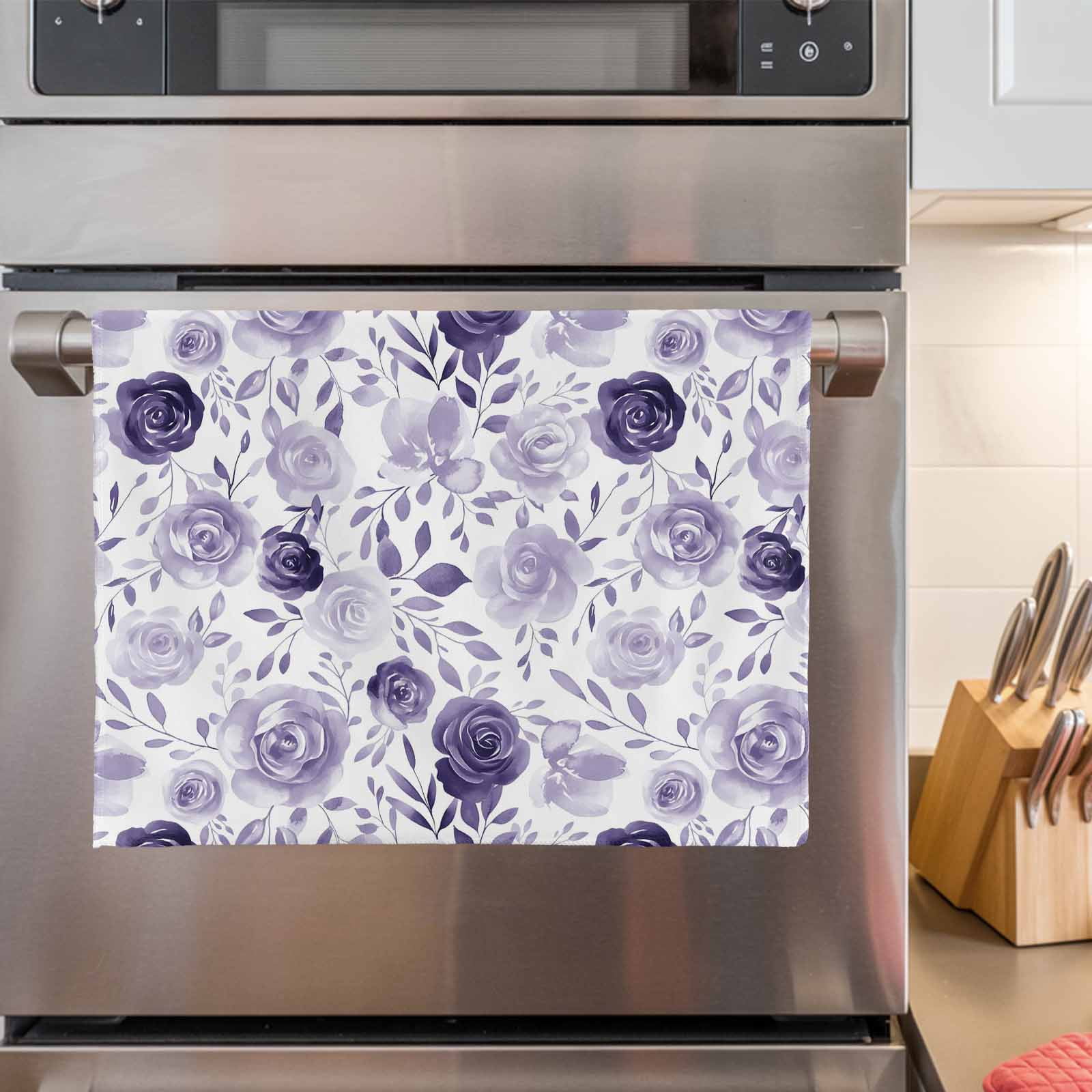 Purple Flowers Kitchen Towels Set of 3, Water Absorbent Dish Towel, Watercolor Farmhouse Botanical Floral Leaf Decorative Hand Towels - Quick Drying Cloth for Cooking Baking, 18x28 Inch