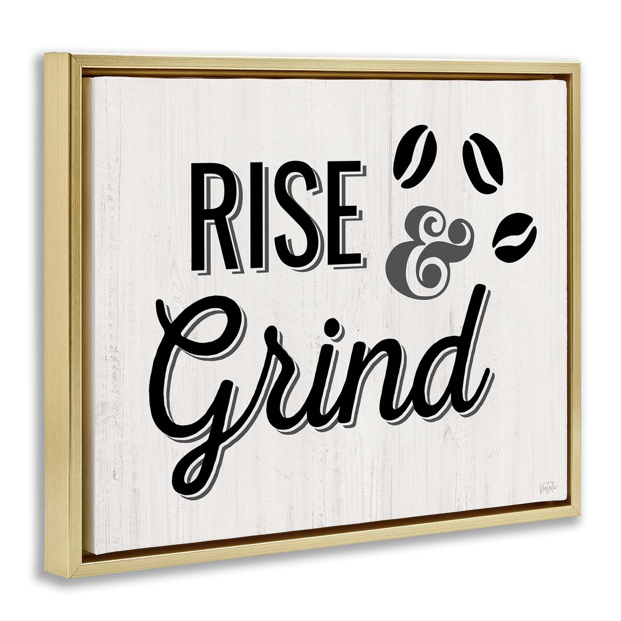 Stupell Industries Rise & Grind Coffee Beans Food & Beverage Painting Gold Floater Framed Canvas Art Print Wall Art, 21 x 17