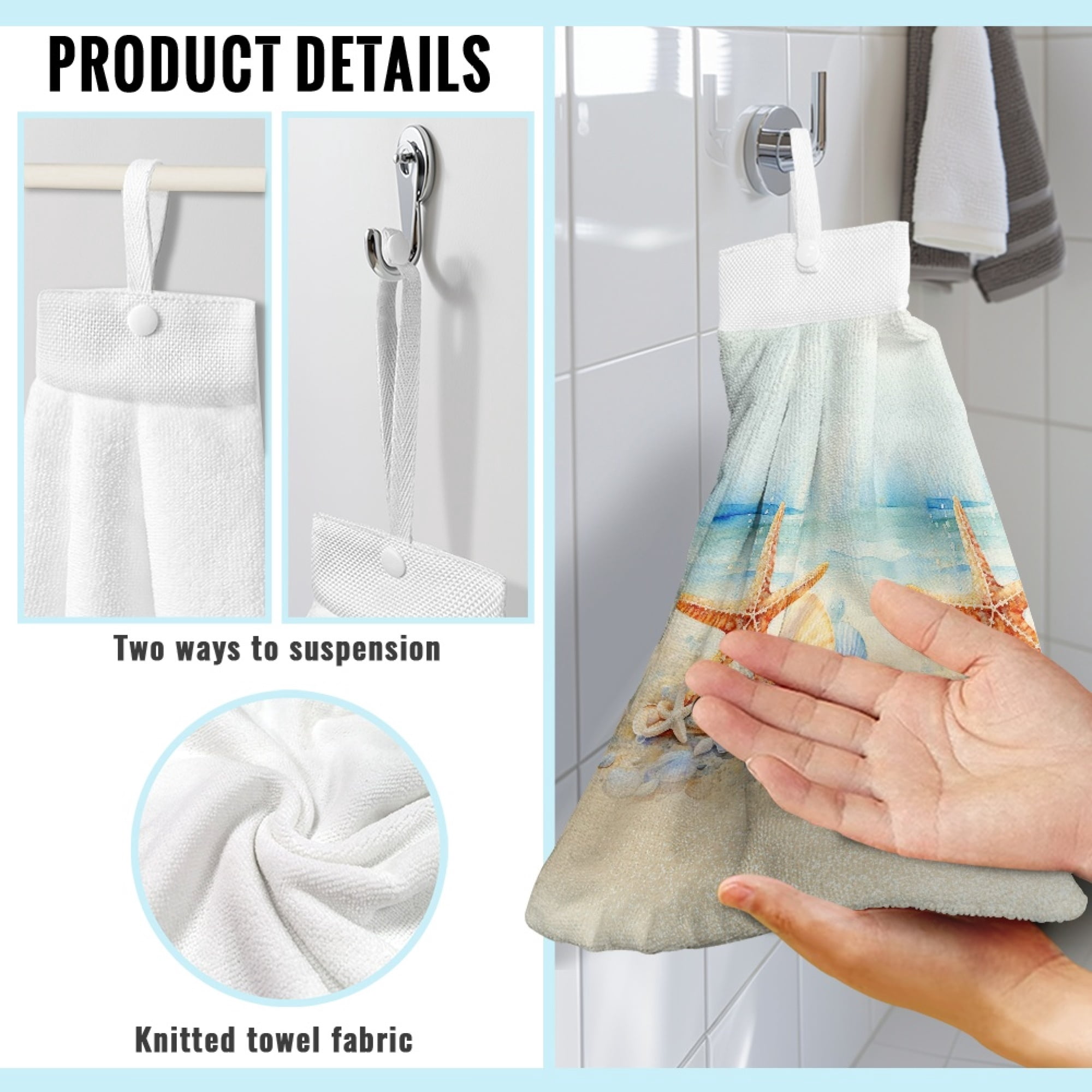 SEANATIVE Starfish Hanging Hand Towels for Bathroom Set of 3 Seaside Hand Drying Towels with Hanging Loop Fast Drying Hang Towel for Dining Room Laundry Room Decor