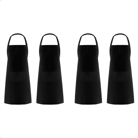 

4 Pack Polyester Adjustable Bib Apron with 4 Pockets Cooking Kitchen Aprons for Women Men Chef Black