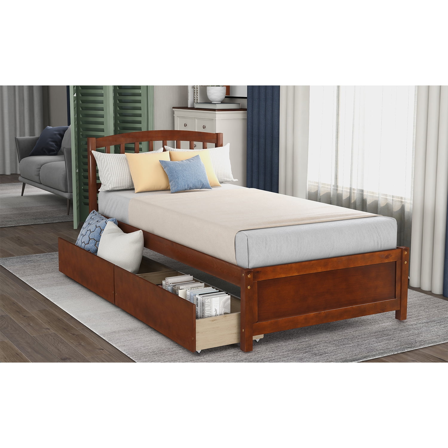 Kadyn Wooden Twin Platform Bed Frame, Storage Bed Platform Bed Frame with Two Drawers and Headboard, Modern Twin Size Bed Frame for Kids Adults, Walnut Kadyn Wooden Twin Platform Bed Frame, Storage Bed Platform Bed Frame with Two Drawers and Headboard, Modern Twin Size Bed Frame for Kids Adults, Walnut