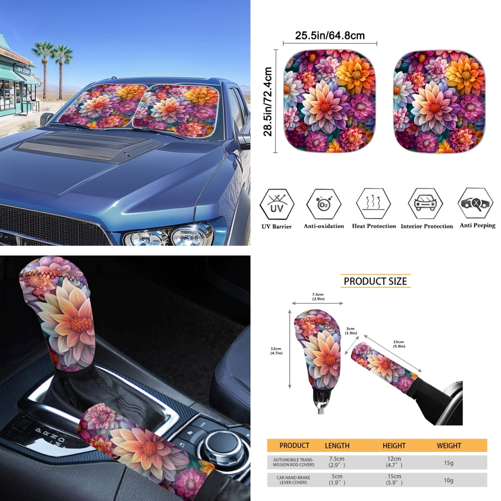 Yuyamidu Dalia Car Seat Cover Set for Women Colorful Flower Steering Wheel Cover Seat Belt Pads Handbrake Cover Set Car Window Shade Rearview Mirror Cover Cup Holder Wrist Key Chain 16 PCS