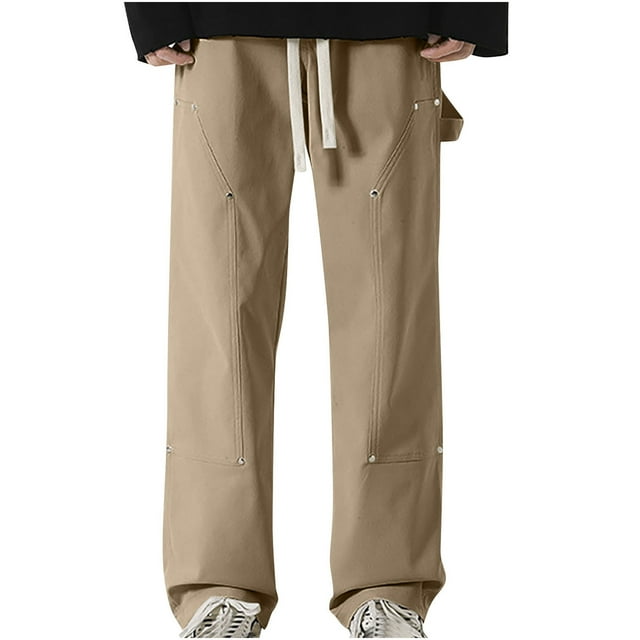 RXIRUCGD Men's Summer Pocket Drawstring Casual Pocket Pants, Khaki, Size: 2XL