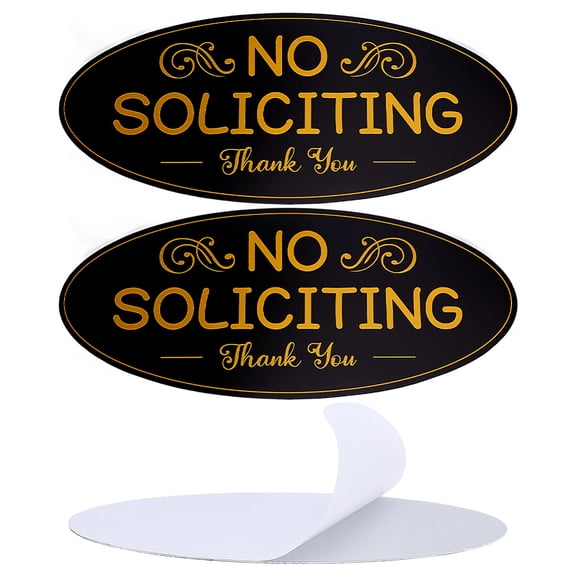 2pcs Self-adhesive Aluminum No Soliciting Signs Oval Black 180x80x1mm