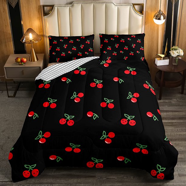 Red Cherry Comforter Set for Kids, Fruit Kawaii Bedding Set Queen