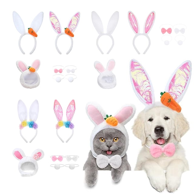 Set de disfraces para mascotas de Pascua: conejito con flor de zanahoria y gorro con cinta para la cabeza 7pc – accesorios ajustables de cuello de poliéster para gatos, perros, gansos, fotos festivas