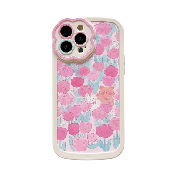 ZOUSSIQI Phone Case Pink Flower Bear Pattern TPU Mobile Phone Shell Cover with Reserve Lanyard Hole White Bottom for IPhone 13 EL225#54039