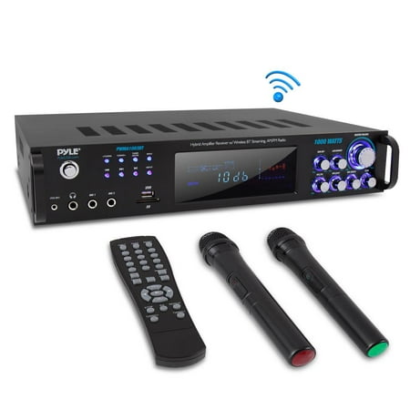 PYLE PWMA1003BT - Bluetooth Home Amplifier Receiver & Microphone System - Hybrid Pre-Amplifier with (2) Wireless Microphones, MP3/USB/SD/AUX/AM/FM Radio (1000