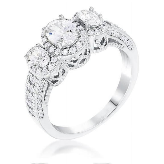 Precious Stars R08738R-C01-05 Precious Stars Silvertone Oval-Cut Cubic Zirconia 3-Stone Halo Ring