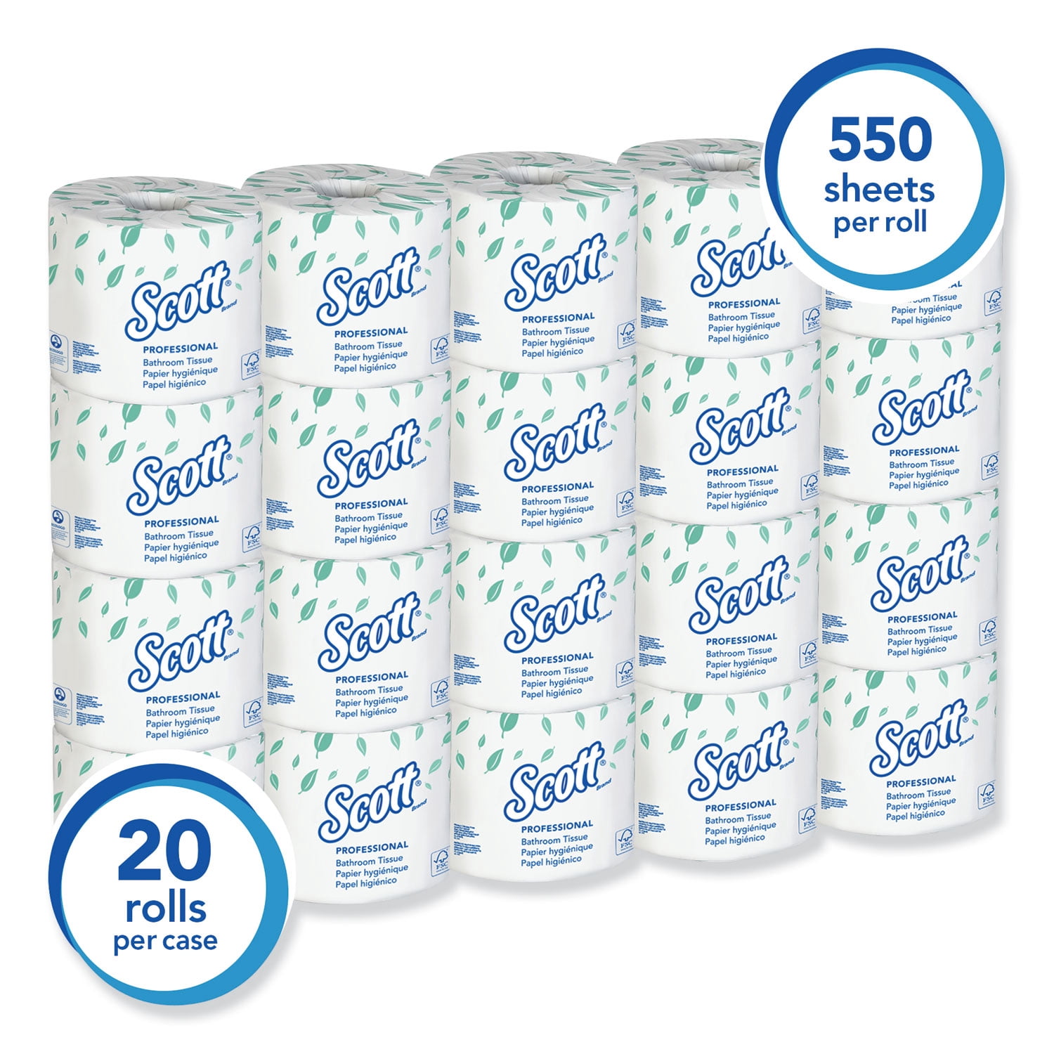 Scott® Essential Standard Roll Bathroom Tissue, Traditional, Septic Safe, 2 Ply, White, 550 Sheets/roll, 20 Rolls/carton