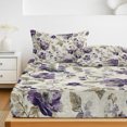 thumbnail image 6 of Queen Size Fitted Sheet Set - Spring Botanical 3 Piece Bedding Sets 16" Deep Pocket Fitted Sheet with 2 Pillowcases, Watercolor Purple Floral Leaf Vintage Beige Brushed Microfiber Hotel Bed Sheets, 6 of 9