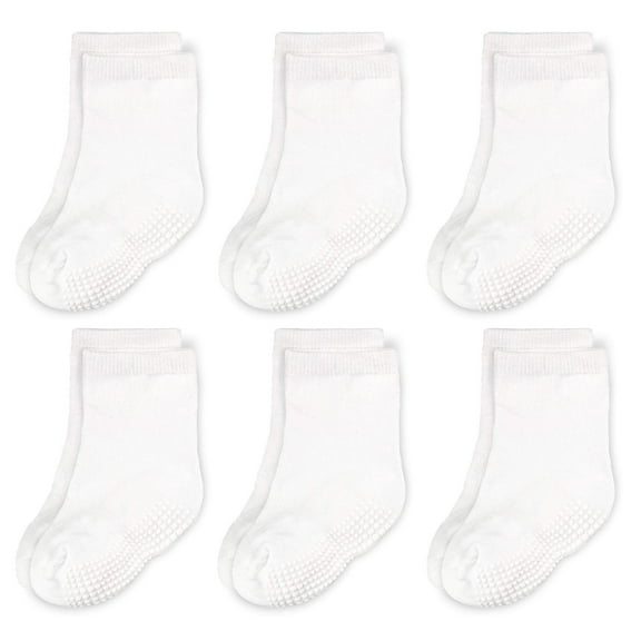 CozyWay Toddler Socks with Grippers - Soft Cotton Blend Non-Slip Crew-Grip Socks for Toddler Girls & Boys - 1T-3T, White, 6 Pack