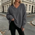 thumbnail image 4 of Ozmmyan Womens V Neck Long Sleeve Sweatshirt Side Slit Oversized Relaxed Fit Shirt Fall Winter, 4 of 7