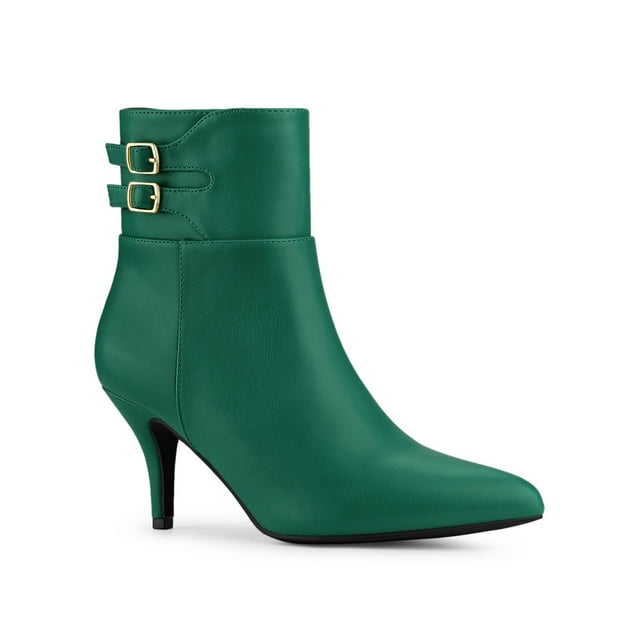 Unique Bargains Women's Pointy Toe Buckle Stiletto Heels Ankle Boots