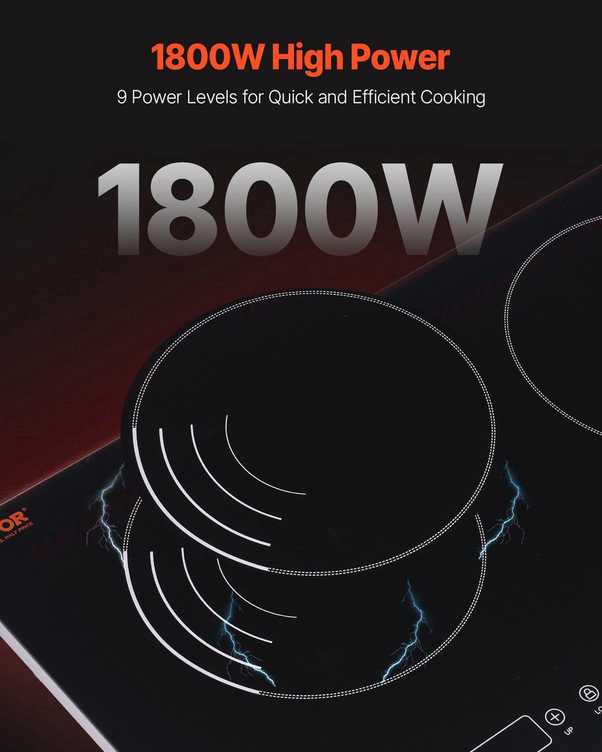 1800W Double Induction Cooktop with Touch Control 9 Power Settings Child Safety Lock Timer Glass Surface