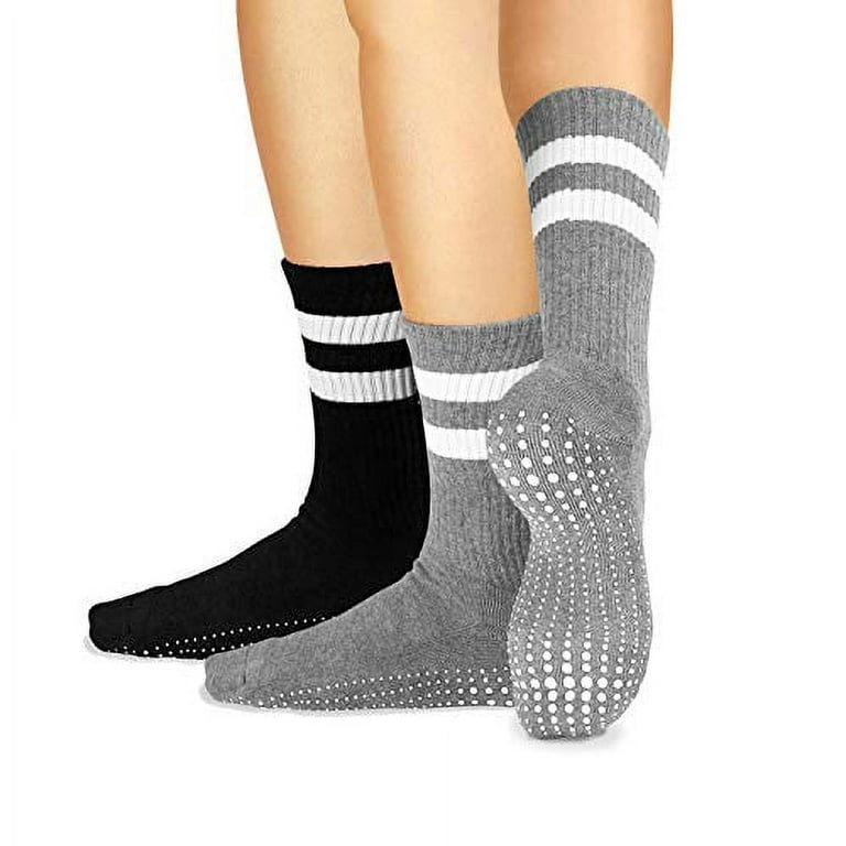LA Active Grip Socks - 2 Pairs - Yoga Pilates Barre Ballet Non Slip Crew  Hospital (Jogger Grey and Tuxedo Black with Stripes, Medium) 