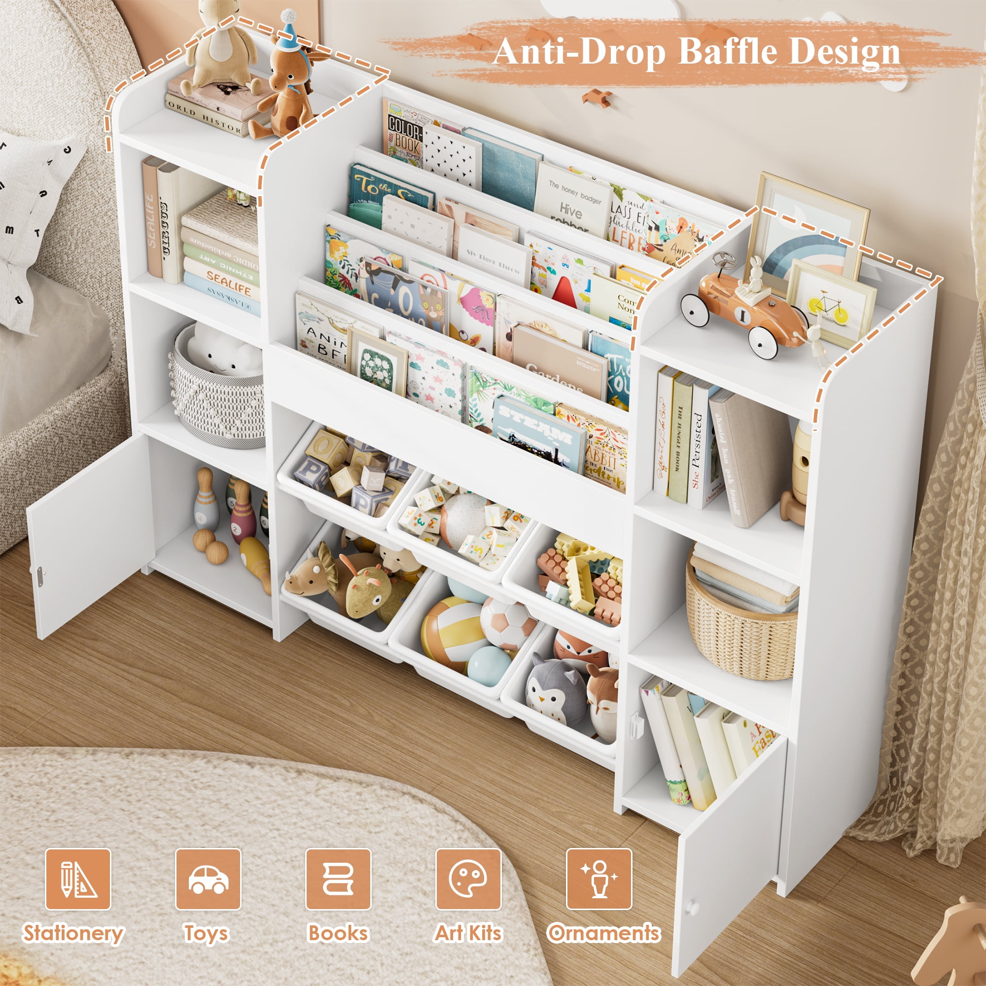 Hiphuta Kids Bookcase Toy Storage Organizer, Wooden Toy Chest for Kids with 6 Removable Toy Boxes, Kids Storage Bookshelf for Home Bedroom Playroom, White