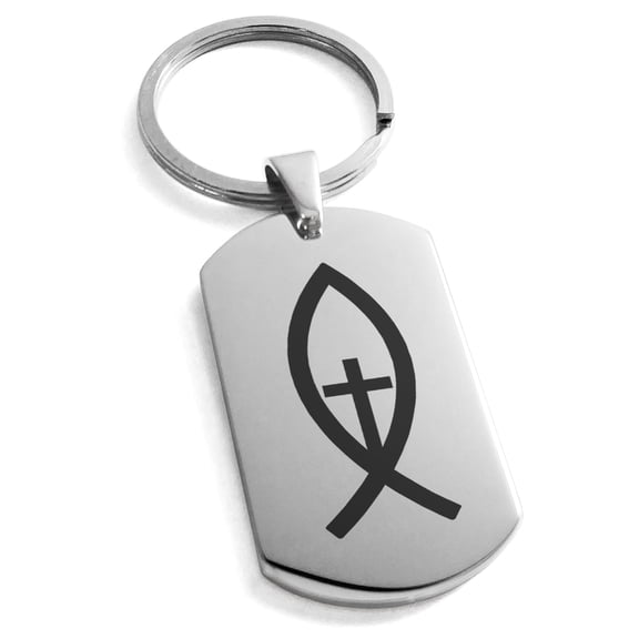 Tioneer Stainless Steel Vertical Ichthus Cross Fish Engraved Dog Tag Keychain Keyring