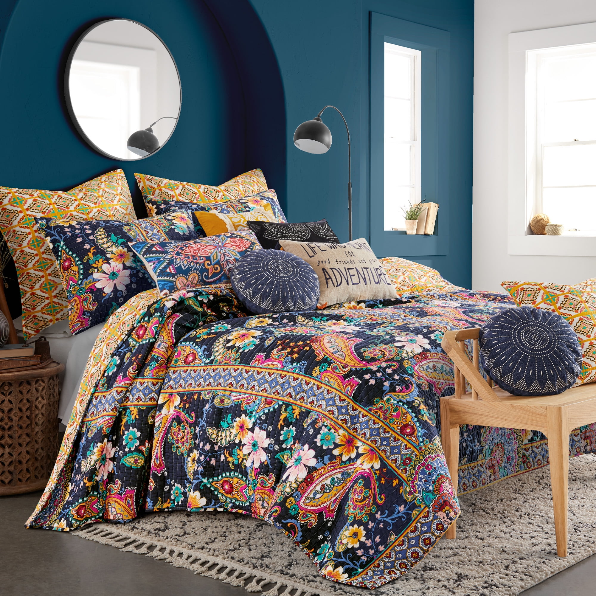Levtex Home - Bertelli Navy Quilt Set - King Quilt and Two King Shams - Floral - Navy, Pink, Ochre, Blue Teal, Green - Quilt (106x92in.) and Shams (20x36in.) - Reversible - Cotton