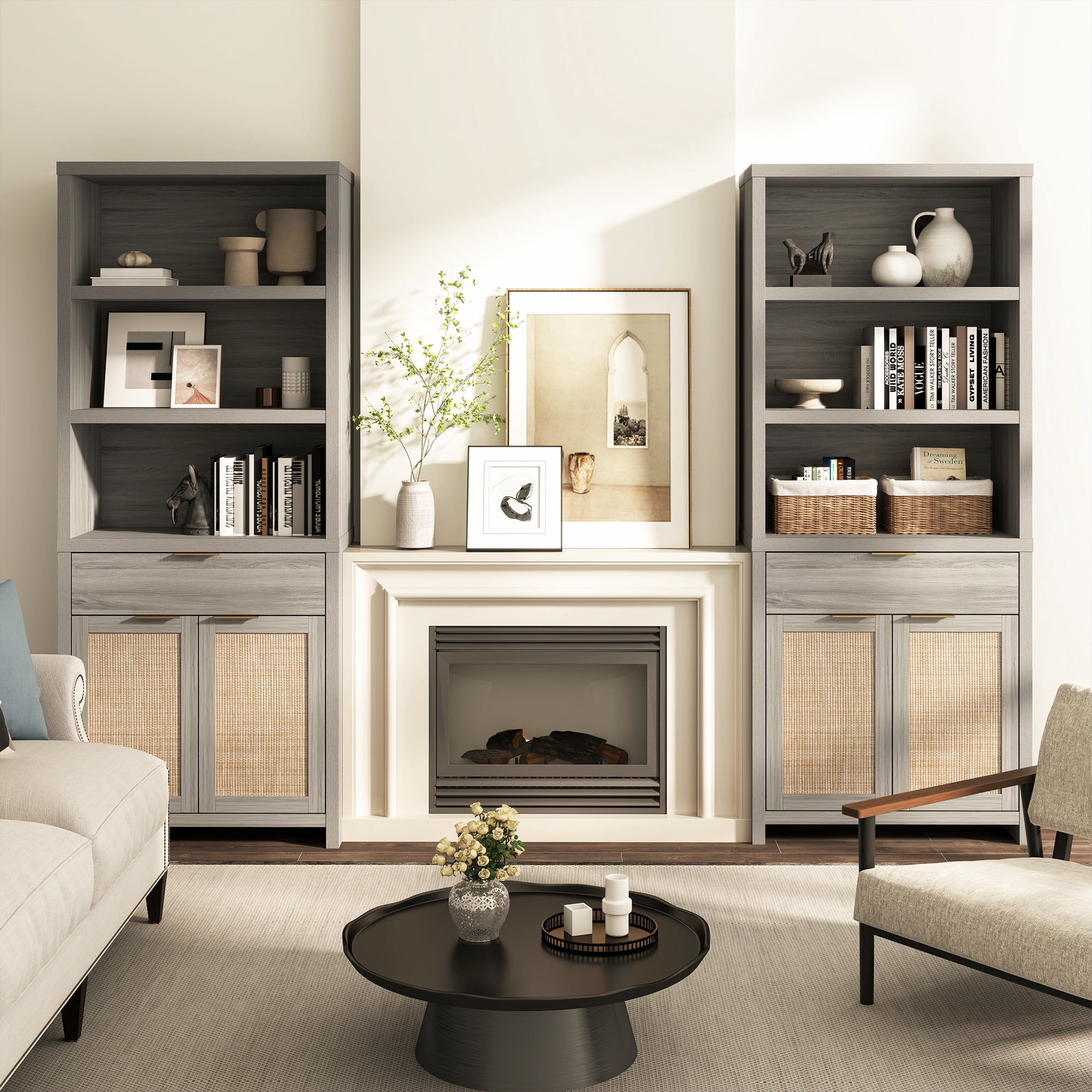 ARKANTOS Rattan Bookcase with Doors, 5 Shelf Adjustable Bookshelf and Storage Cabinet, Mist Oak