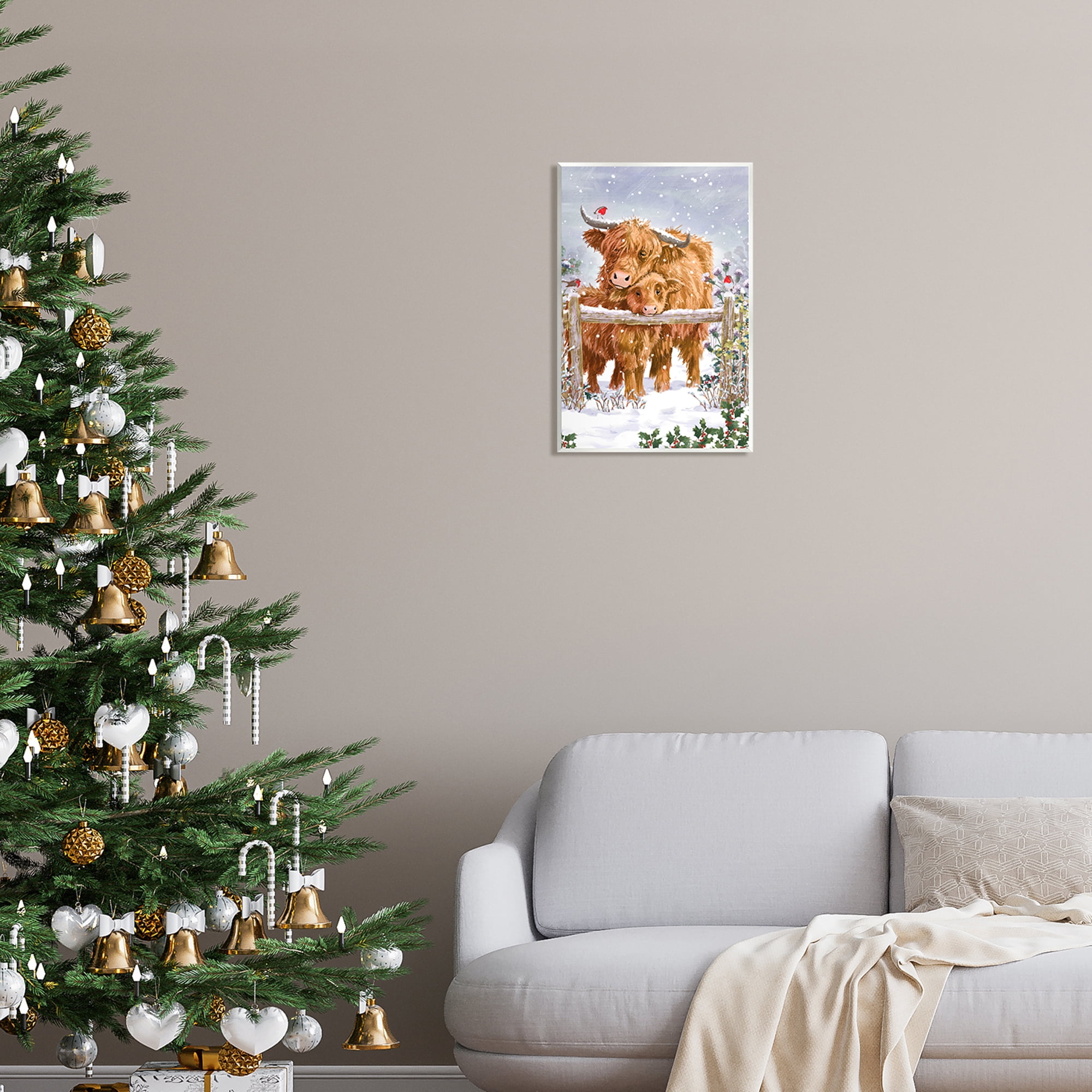 Stupell Industries Winter Cattle Cuddling Snow Scene Holiday Painting Unframed Art Print Wall Art