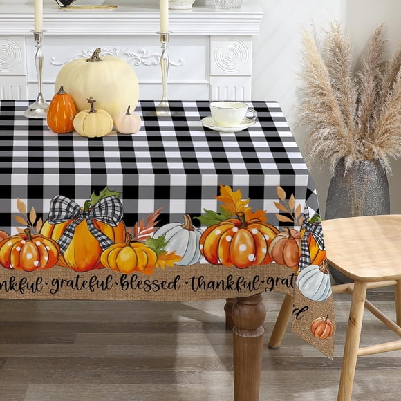 Nappe de l'Action de Grâce 60x104 Pouces Rectangle - Décorations d'Automne pour la Maison - Nappe à Carreaux Noirs Citrouilles Récolte Décoration d'Automne pour Maison, Table, Fête, Cuisine