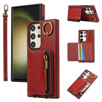 ELEHOLD Case for Samsung Galaxy S23 Ultra, Zipper Leather Wallet Case with Card Holder Stand,Red