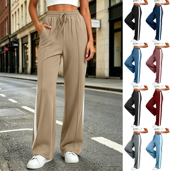 LEAVINGSUO Baggy Pants for Women High Waisted Pants Long Pants With Elastic Waist Pocket Casual Pants Blue S