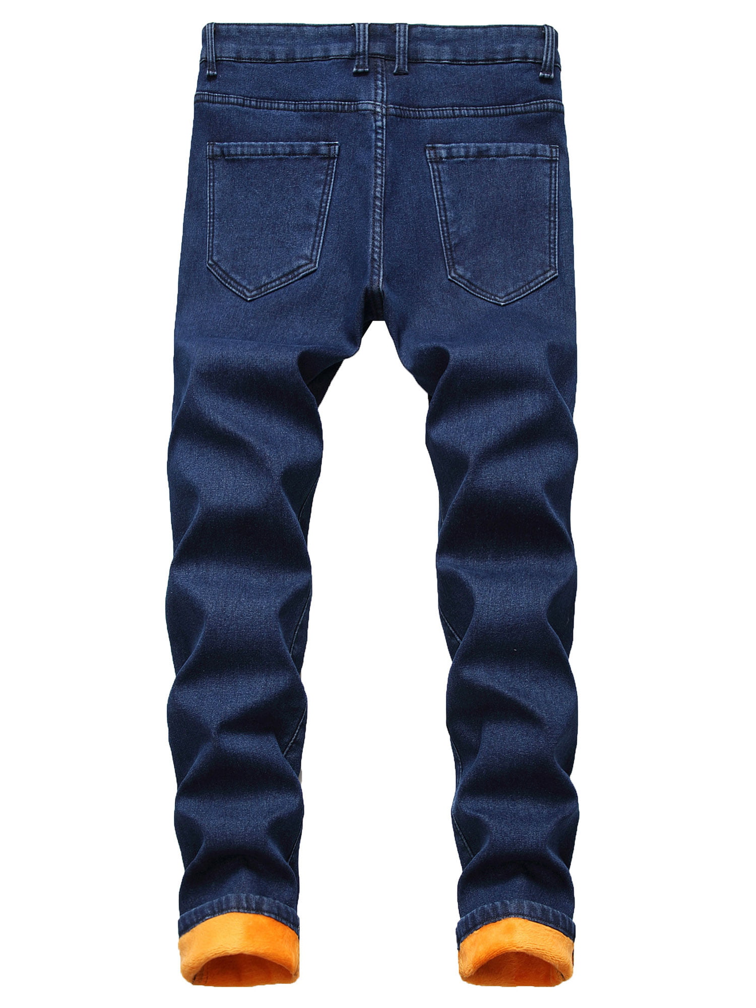 Glonme Mens Jeans Mid Waist Denim Pants Thicken Plush Trousers Work Slim  Fit Bottoms Solid Color Zipper Dark Blue 42