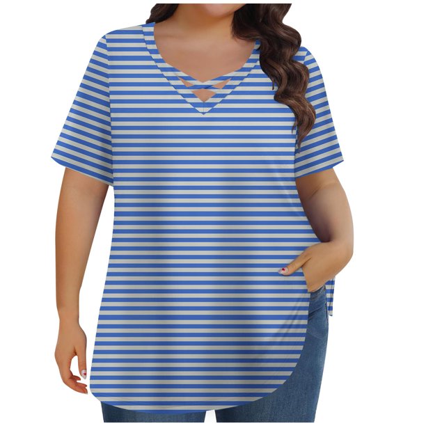 Tops de Manga Corta de Tamaño Más de las Mujeres, Blusas de Cuello en V Impresas de Verano de Moda para Uso Casual, Diario Y de Fiesta