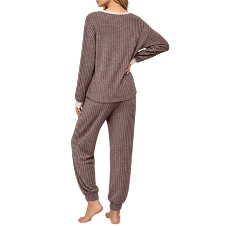 UVN Womens Pajama Set Two Piece Color Block Long Sleeve Top and Long Pants Ladies Fall Matching Oufits Casual Loungewear