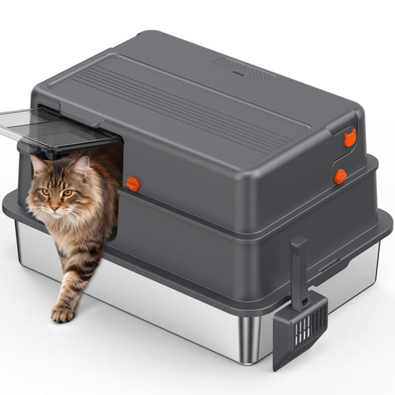 XL Stainless Steel Litter Box, Metal Cat Litter Box with Lid for Large Cats & Multiple Cats, Odor Control, Anti-Leak & Easy Clean, Round Top