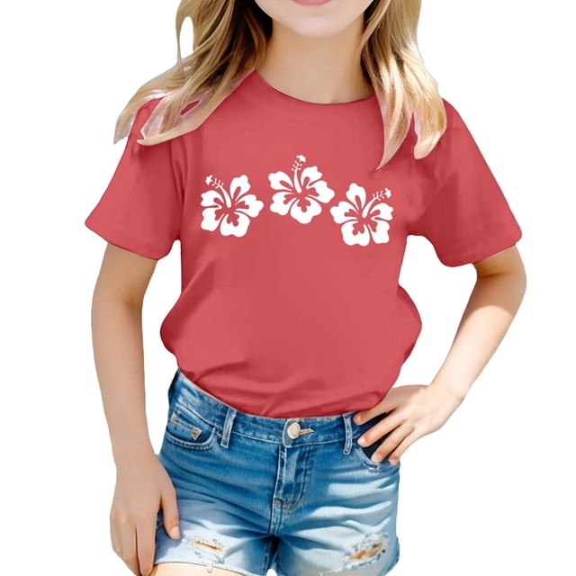 Hiiyo T-Shirt pour Fille Imprimé Fleuri Manches Courtes Col Rond T-Shirt Décontracté pour Enfants