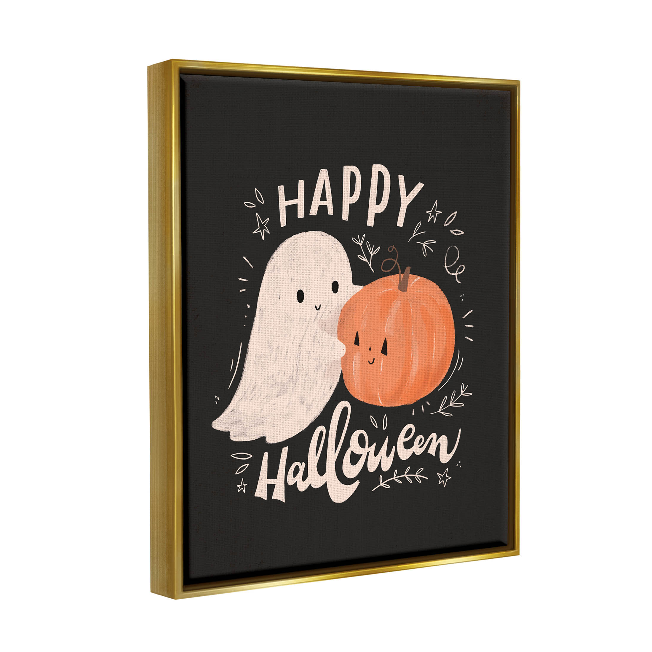 Happy Halloween Smiling Ghost Pumpkin Holiday Graphic Art Metallic Gold Framed Art Print Wall Art