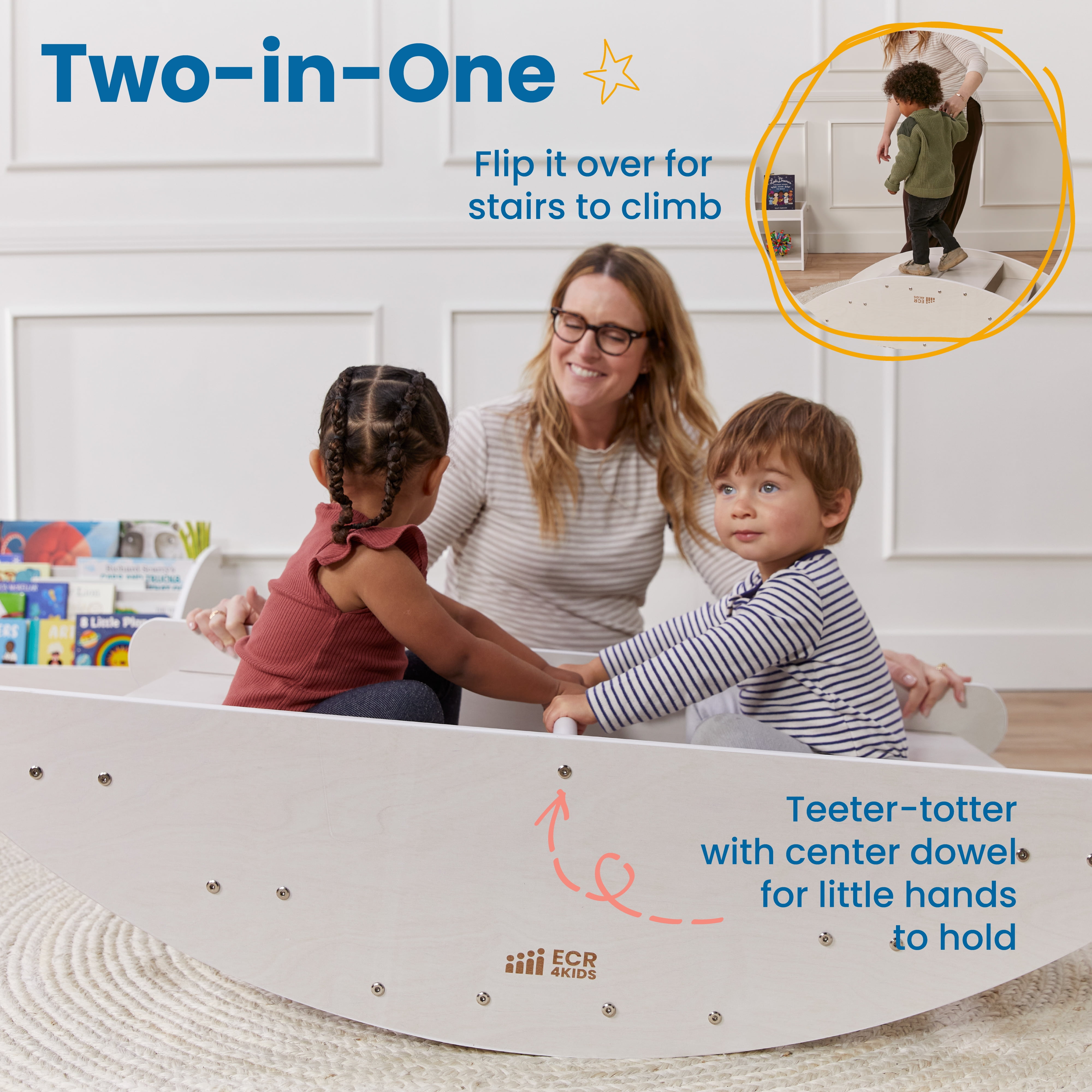 ECR4Kids Wooden Rocking Boat and Steps Play Center, Montessori Furniture, White Wash