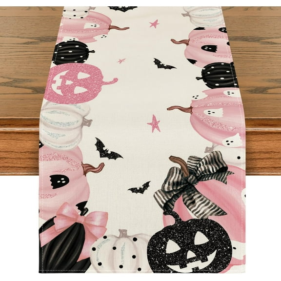 SM-XLHN Pink Jack-O-Lantern Pumpkin Bat Halloween Table Runner, Holiday Kitchen Dining Table Decoration for Indoor Outdoor Home Party Decor 13 x 72 Inch