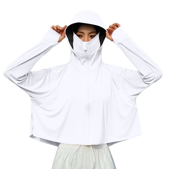 Sexlip Women Full Face Cover Hooded Sun Protection Jacket Full Zip Long Sleeve Cropped Ice Silk Lightweight Breathable Outdoor Cycling Fishing Outer Coat With Thumb Holes White Free Size
