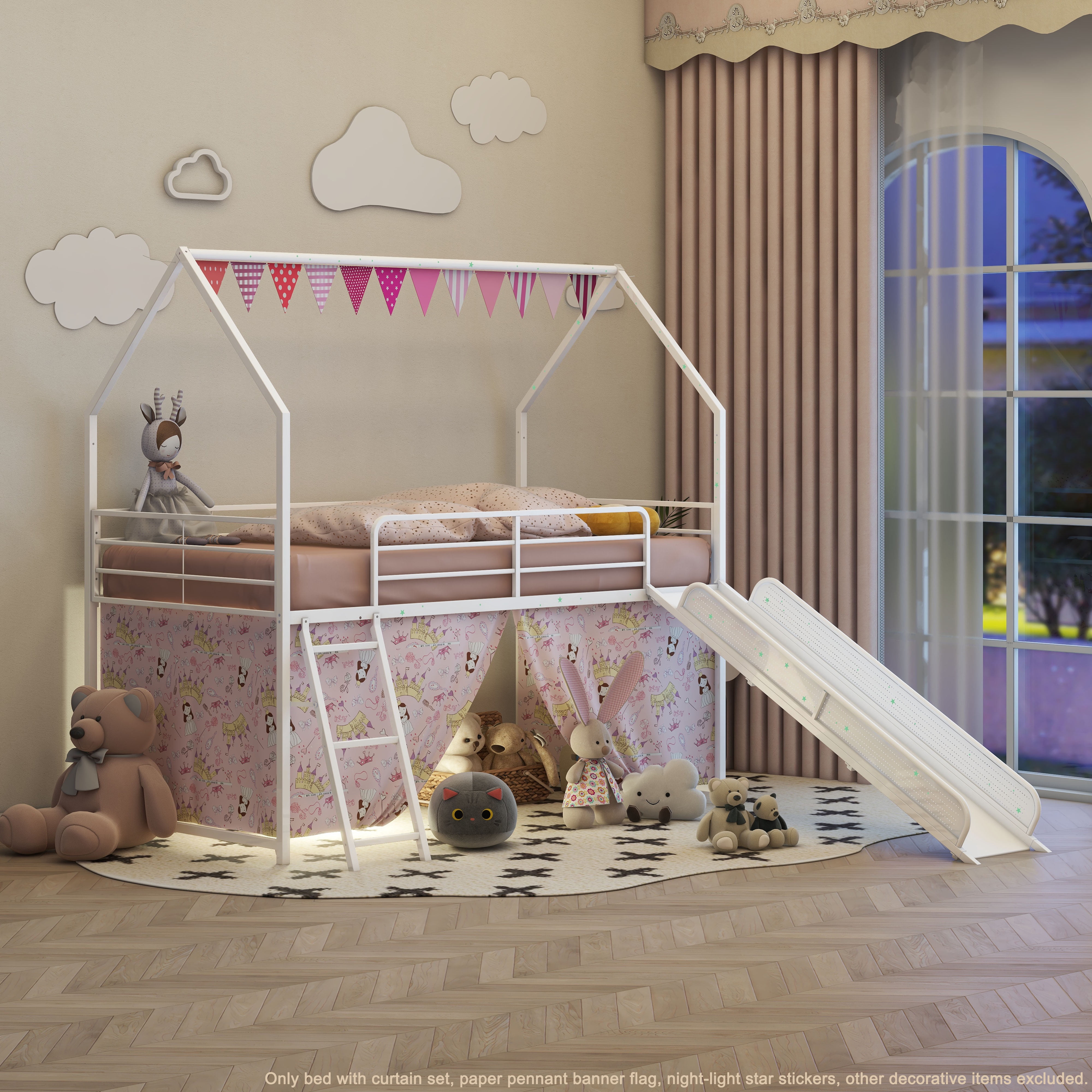 Miniyam Kids Twin Loft Bed with Slide and Curtain, House-Shaped Metal Frame Bunk with Guardrails, Ladder, Pink