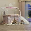 thumbnail image 6 of Miniyam Kids Twin Loft Bed with Slide and Curtain, House-Shaped Metal Frame Bunk with Guardrails, Ladder, Pink, 6 of 8